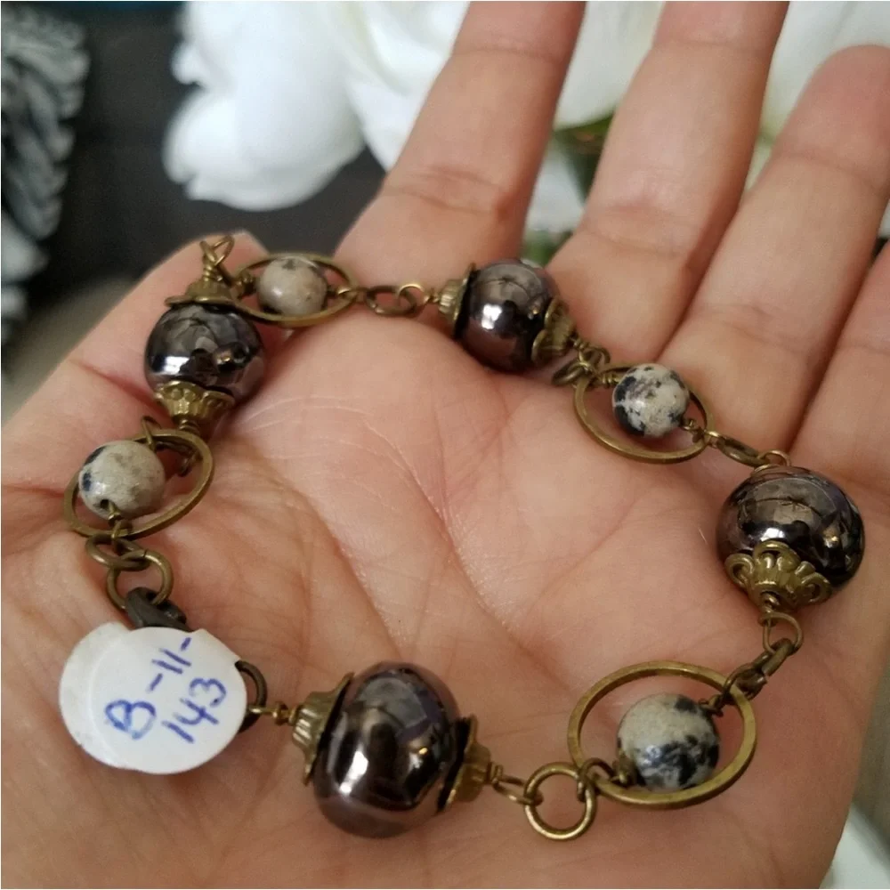Genuine Dalmatian Jasper Gemstone & Ceramic Beads Brass Mixed Media Bracelet NEW